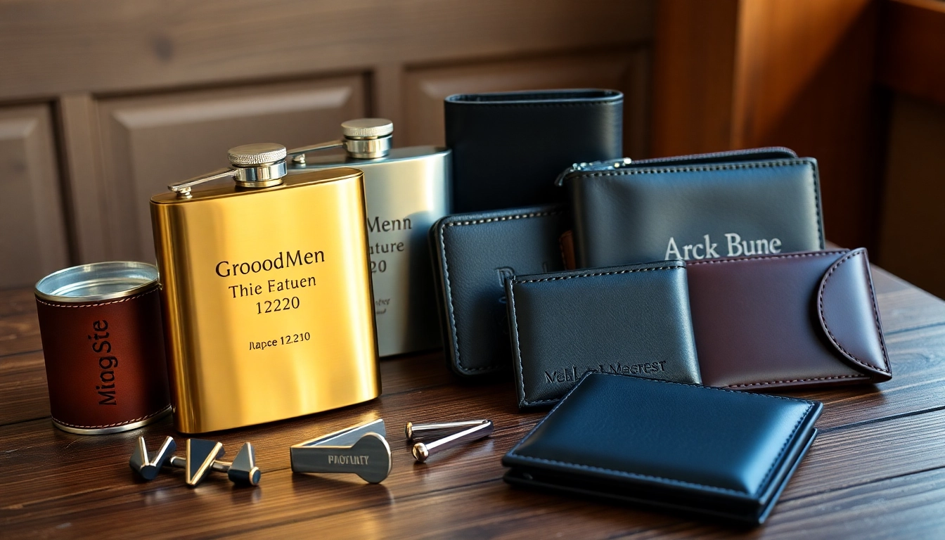 Explore cheap groomsmen gifts like personalized flasks and wallets showcased in an elegant arrangement.