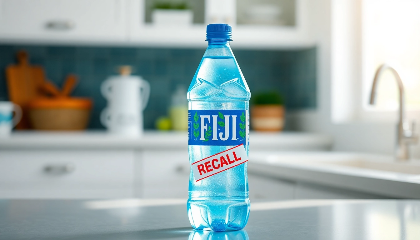 Highlighting the FDA recalls of Fiji water, a Fiji bottle stands on a kitchen counter, conveying freshness and caution.