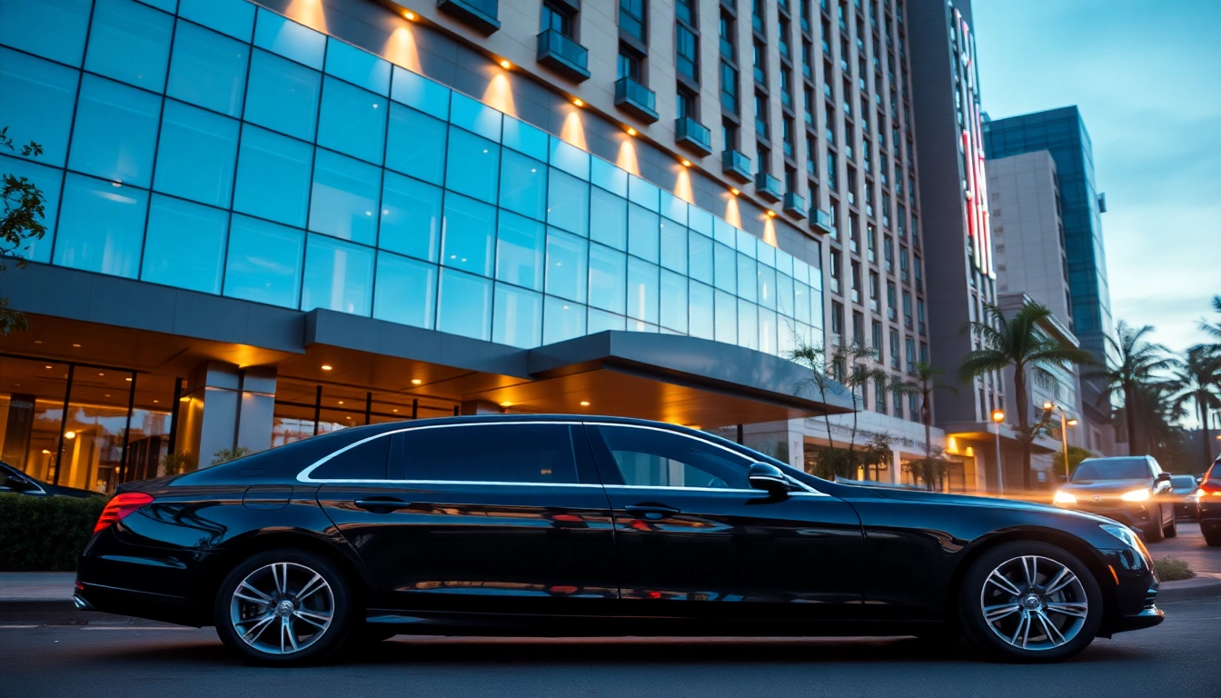 Experience professional chauffeur service Nairobi in a sleek black luxury sedan at a vibrant hotel.