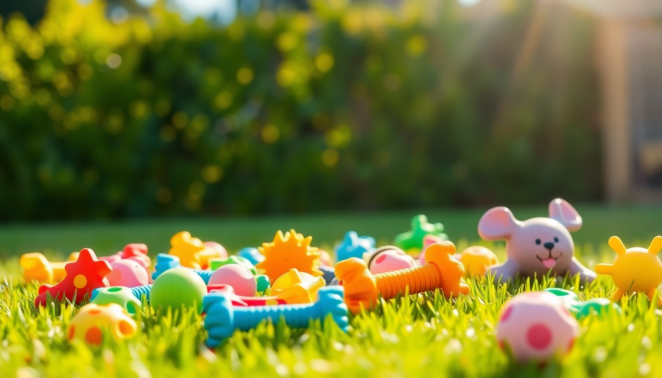 Showcase pet toys in a vibrant garden setting, highlighting unique textures for engaging playtime.