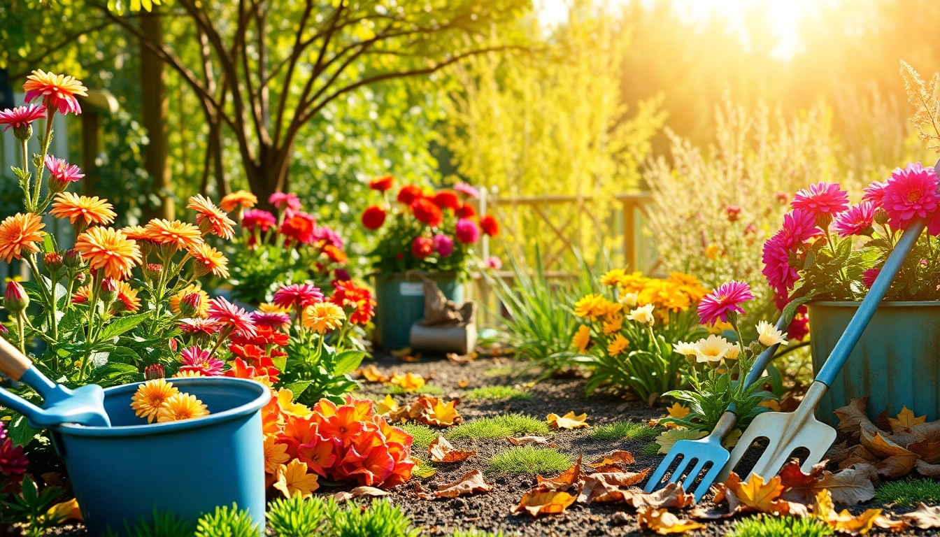 Spring clean up in a vibrant garden, featuring raked leaves and blooming flowers.