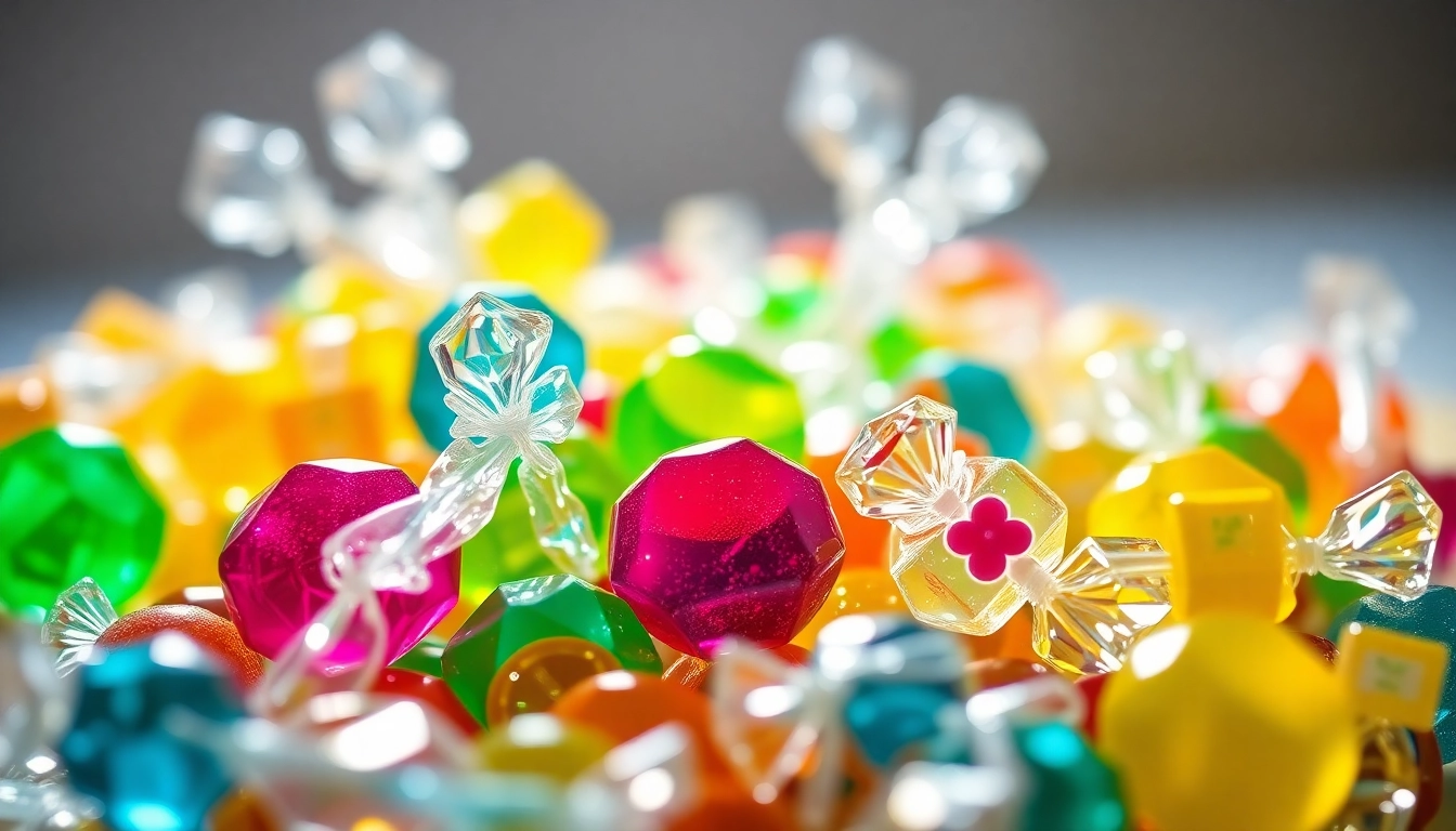 Enjoy vibrant, handcrafted Gemini Crystal Candy displayed artfully showcasing unique flavors and intricate designs.