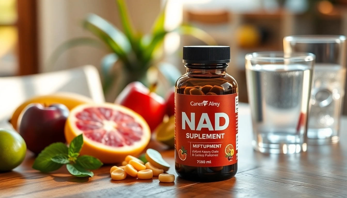 Enhance your wellness with NAD Supplement surrounded by fresh fruits and a refreshing glass of water.