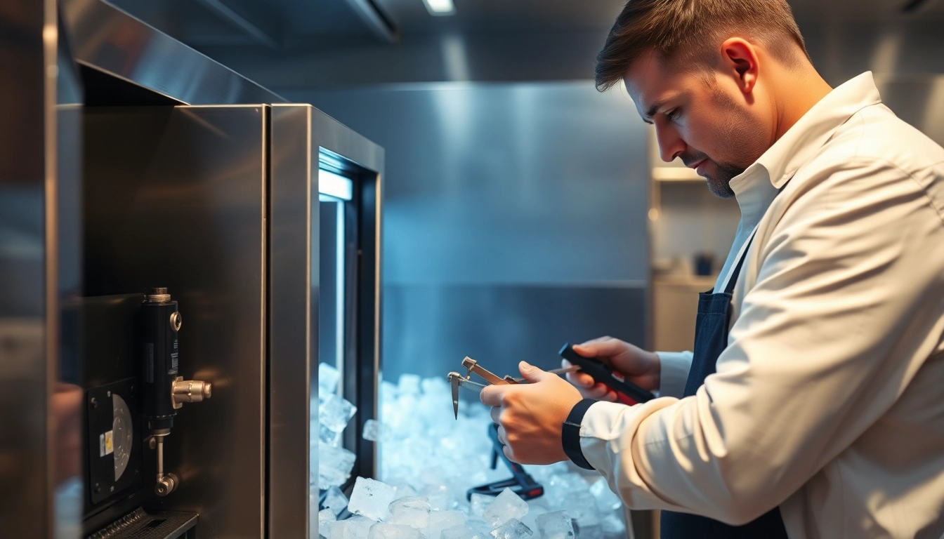 Expert ice machine repair service technician diagnosing issues in a commercial kitchen setting.