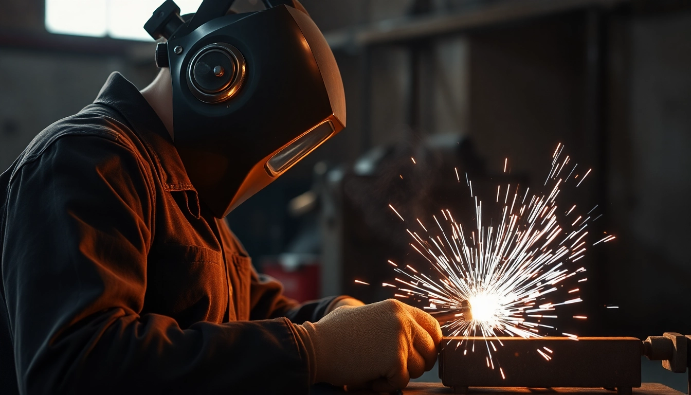 Welder using welding supplies with sparks flying in an industrial setting