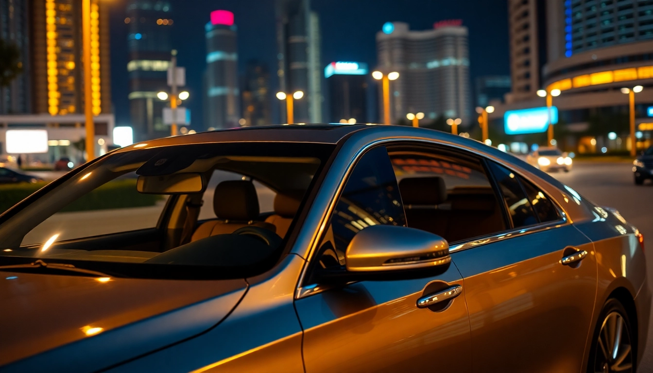 Experience the elegance of a luxury hire car with driver in Kuala Lumpur against a stunning city backdrop.