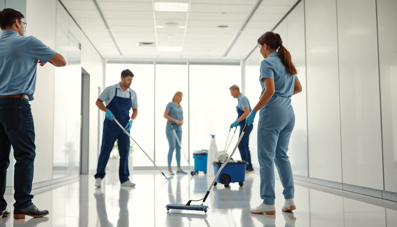 Professional team providing Jacksonville commercial cleaning services in a bright office space.