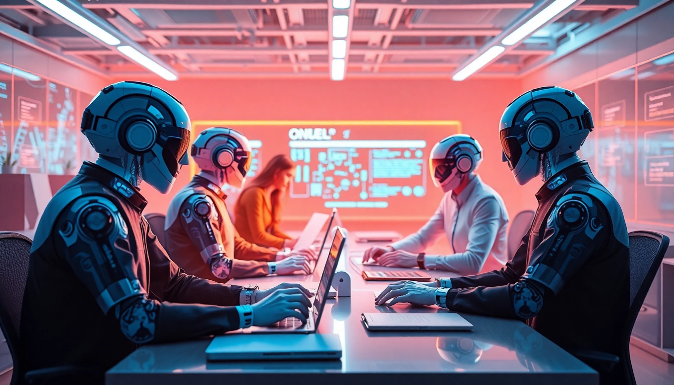 AI agents assisting users in a modern workspace, showcasing collaboration and technology.