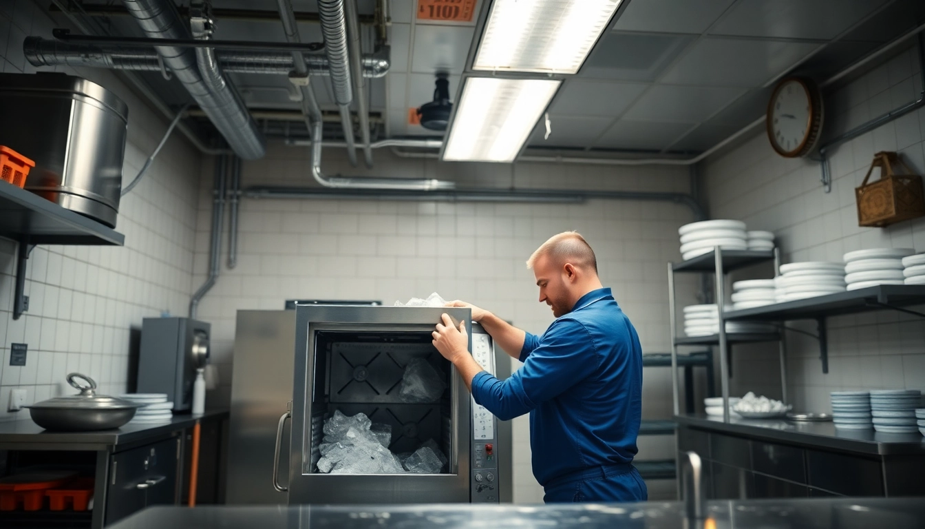 Technician performing ice machine repair in a commercial kitchen environment.