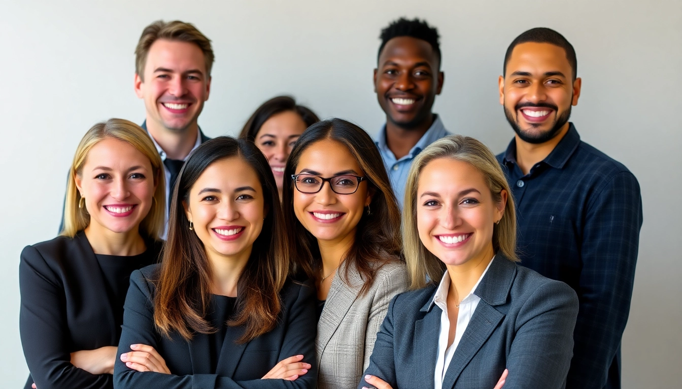 Professional corporate headshots showcasing diverse individuals smiling with soft lighting in a studio.