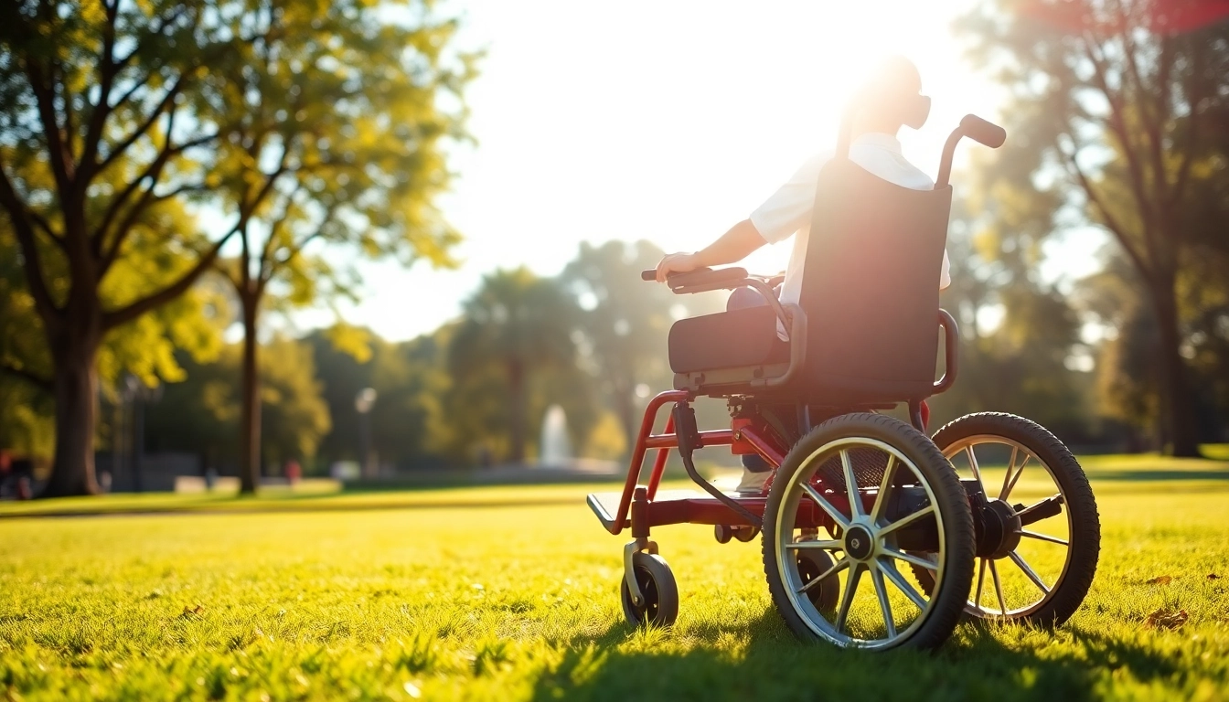 Power wheelchair enhancing mobility for users in a bright park setting.