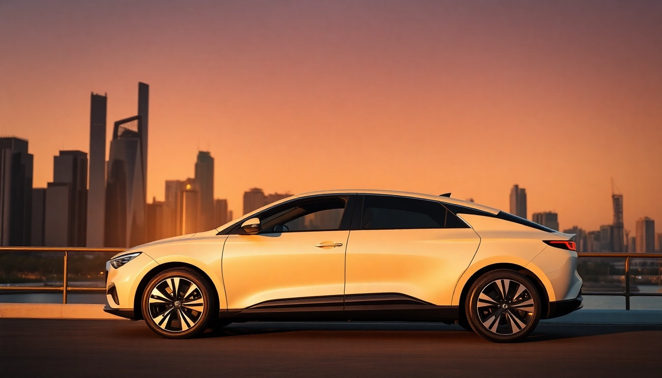 Stunning byd u8 electric vehicle showcased against a vibrant city skyline at sunset.