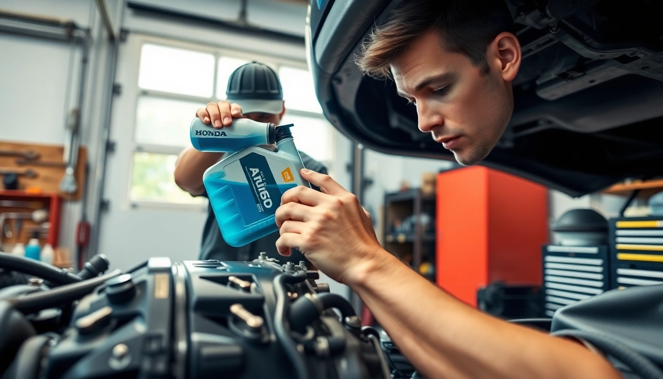 Pouring e fluids during a Honda transmission fluid change highlights expert automotive care.