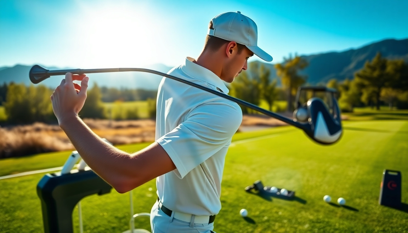 Enhance your golf swing with a focused golfer using a golf swing training aid outdoors.