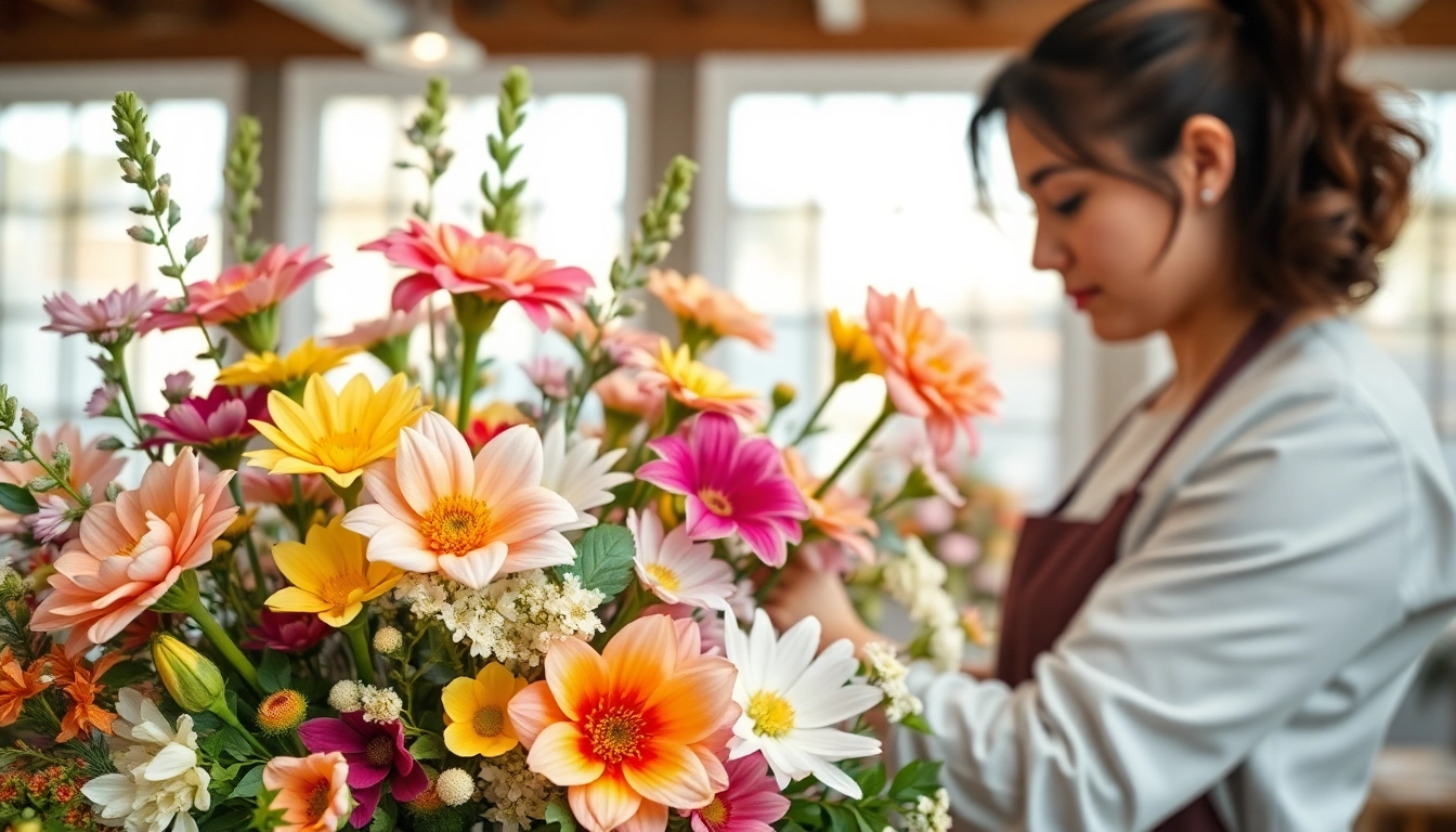 Arrange Irvine flowers beautifully in a bright floral studio with vibrant colors and inviting atmosphere.