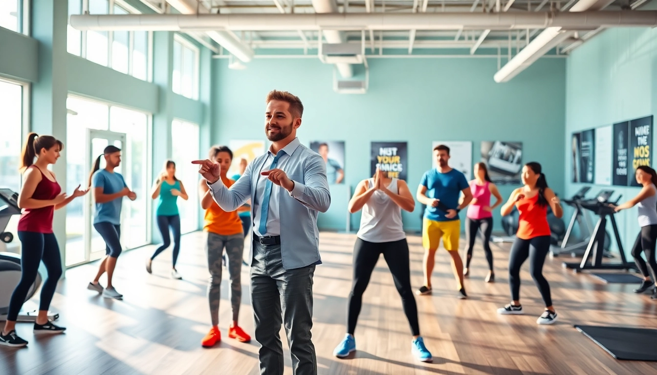 Find a local Fitness Coach near me showcasing dynamic workout sessions in a vibrant gym.