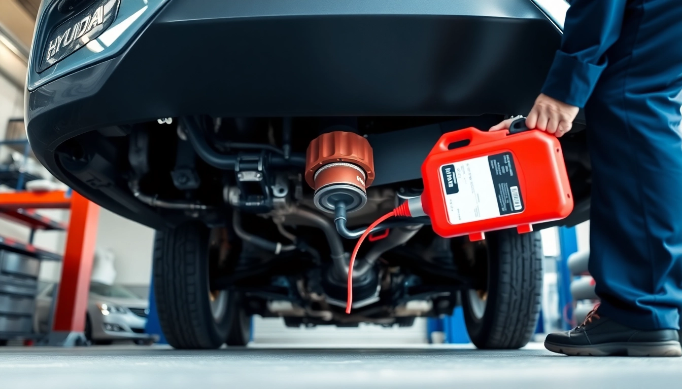 Mechanic performing a transmission fluid change on a Hyundai vehicle.