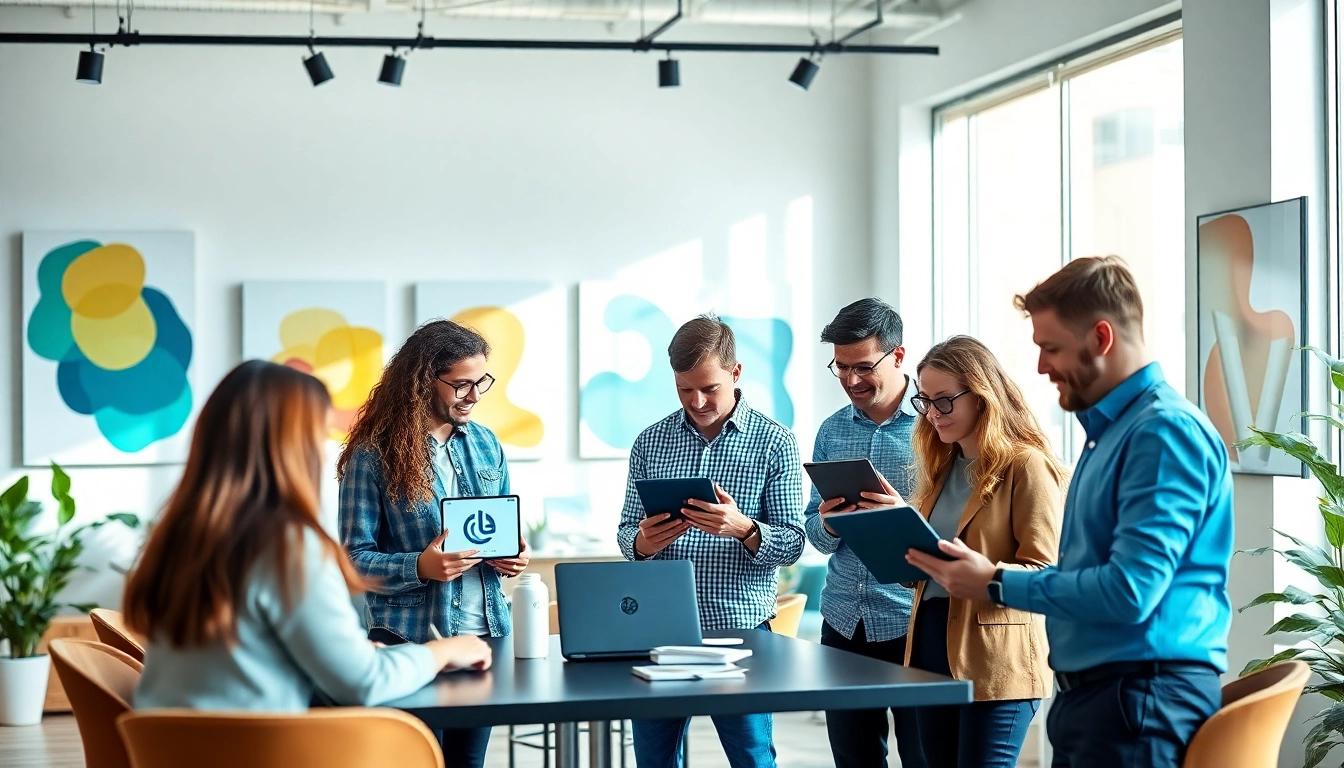 Showcasing AI-powered branding services in a vibrant team collaboration setting.