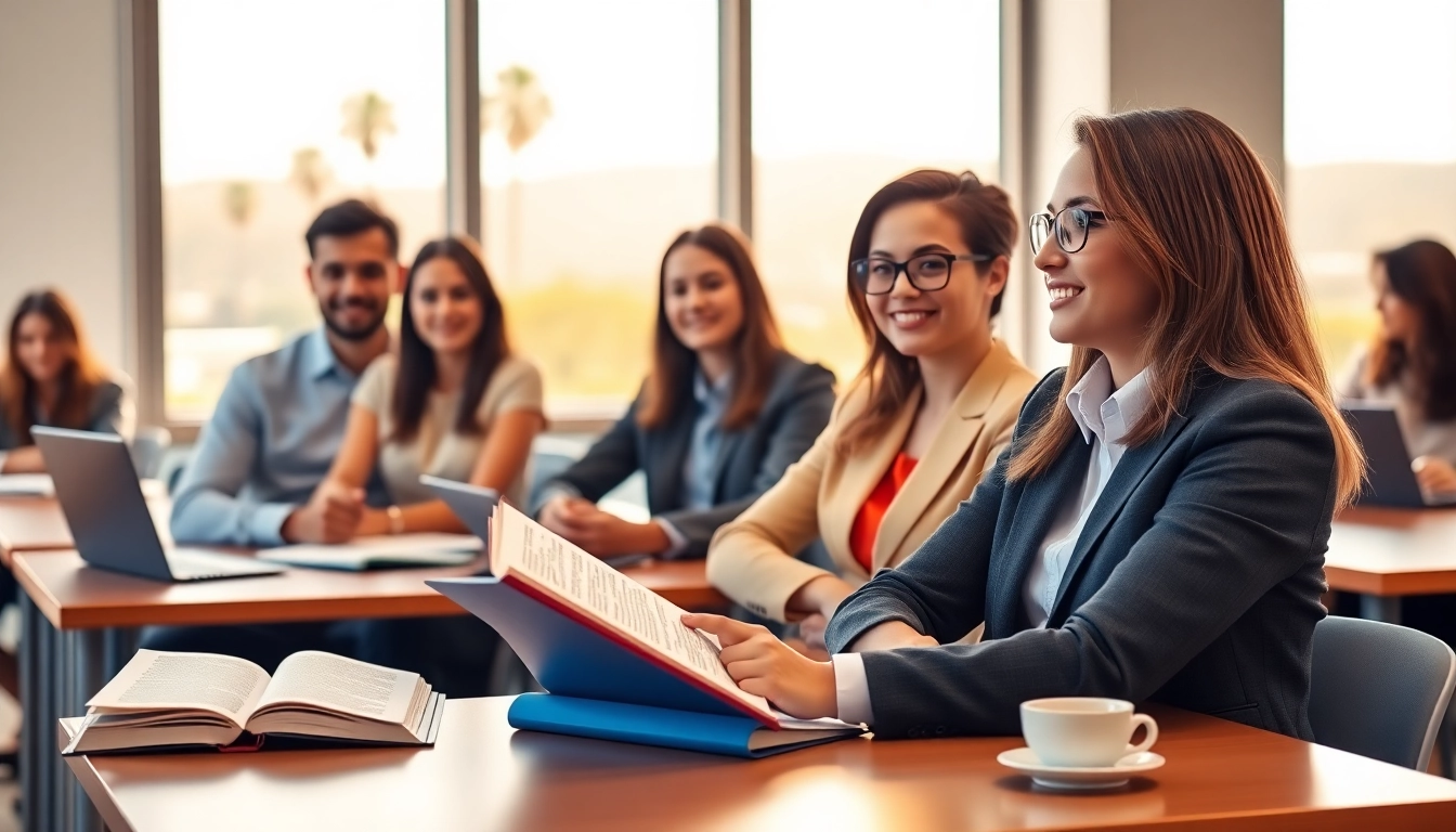 Engaged students at a part-time law school California, discussing legal concepts in a bright classroom setting.