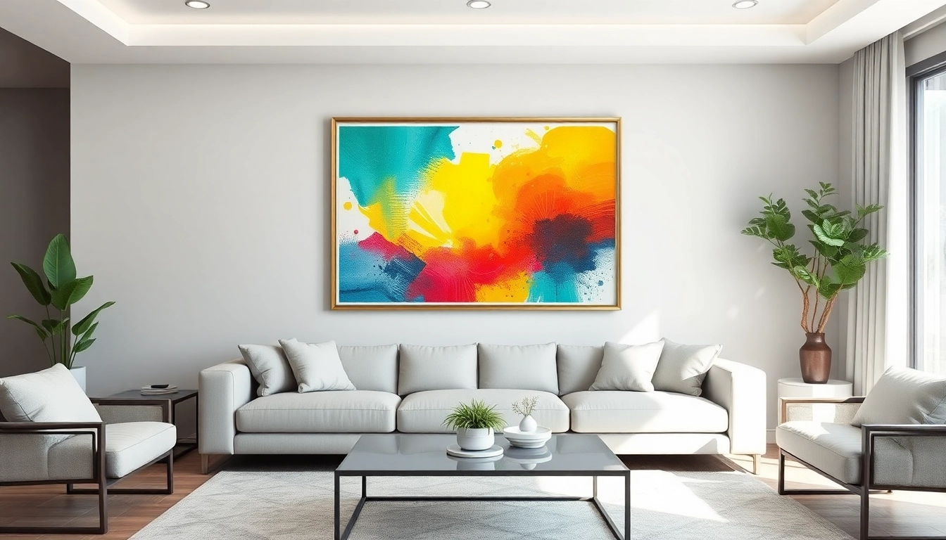 Show a stylish 24x36 frame displaying a vibrant artwork in a modern living room setting.