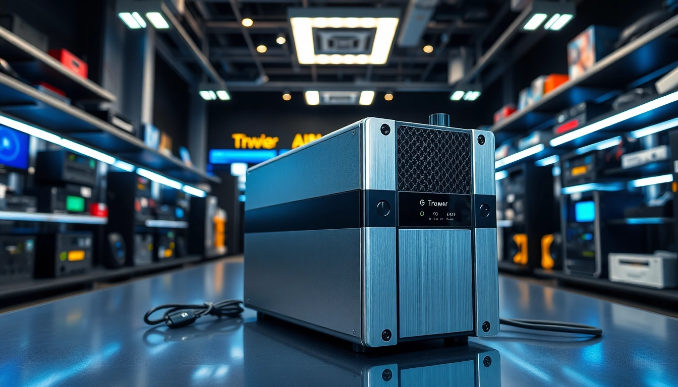 Showcase the TPower device in a modern electronics setting with vibrant lighting and sleek design.
