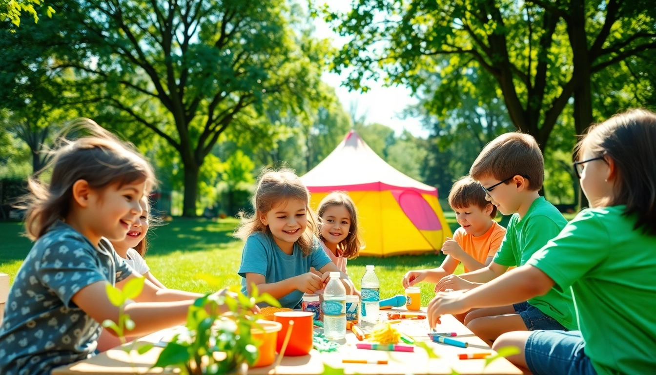 Children enjoying holiday camps activities in a vibrant park setting with crafts and games.