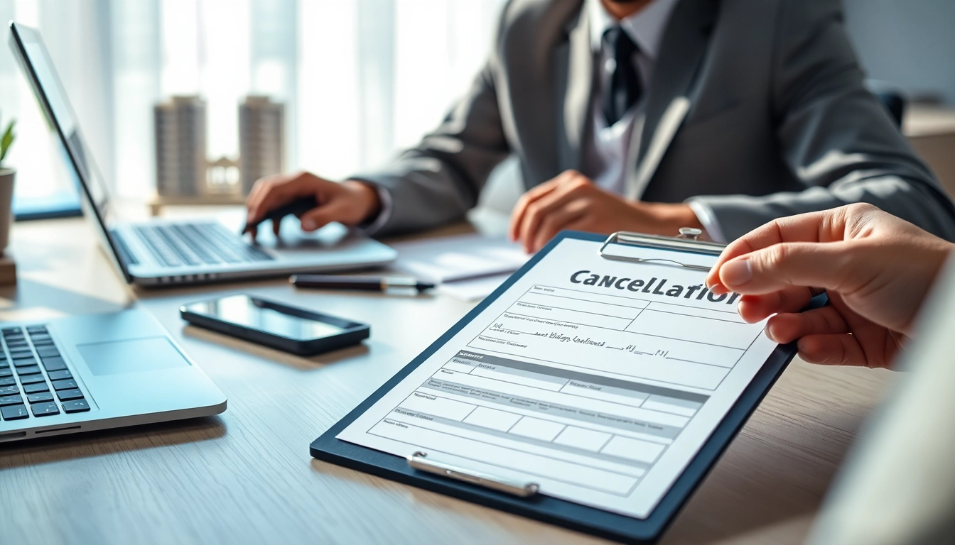 Complete your ejari cancellation paperwork with a professional setup including forms and a Dubai apartment model.