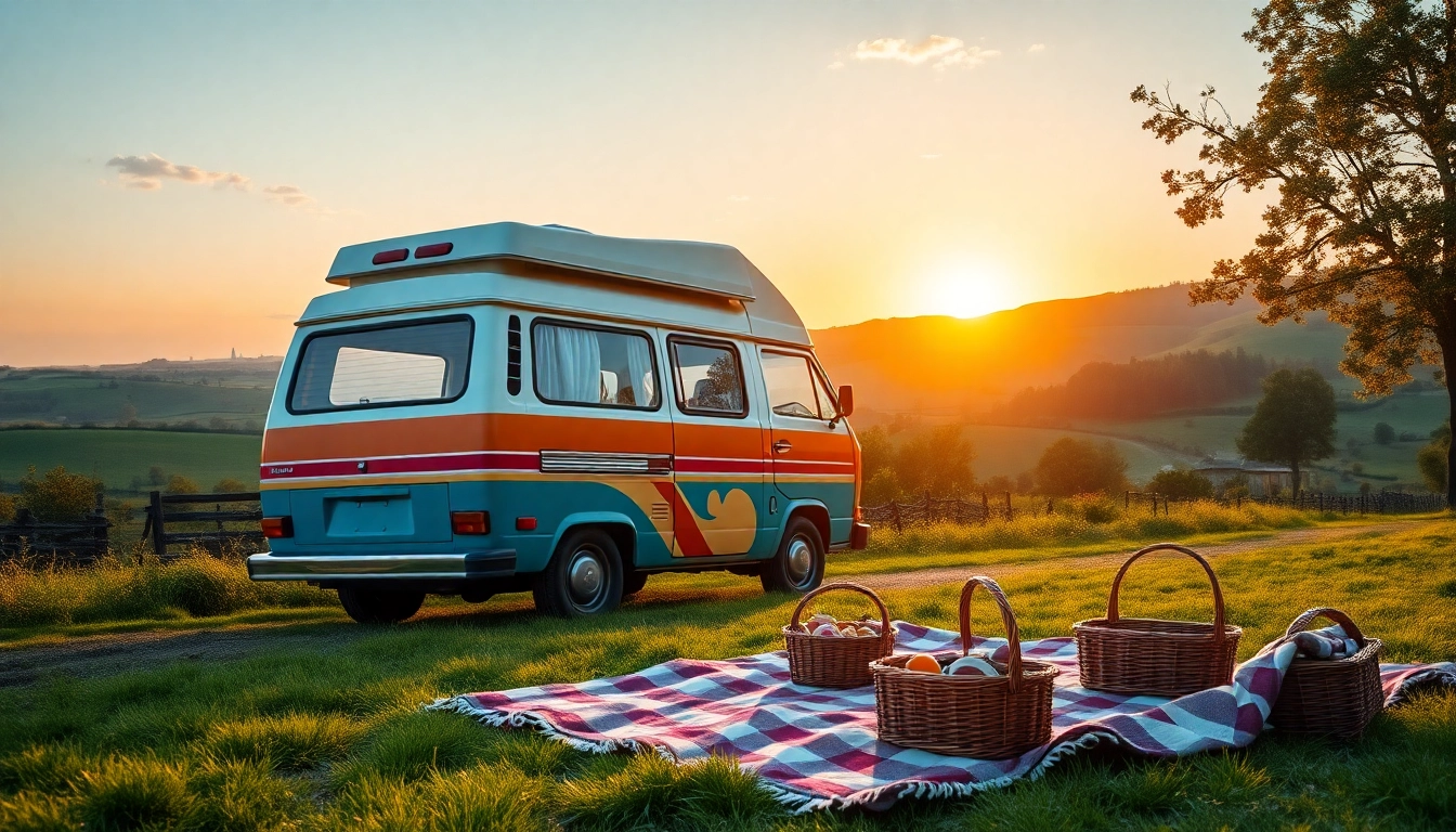 Explore a vibrant camper van nestled in the countryside, surrounded by nature's beauty.