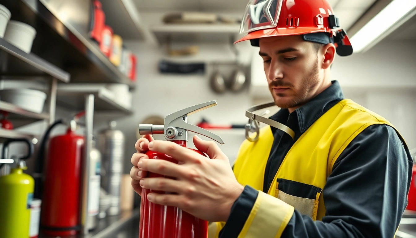 Fire extinguisher servicing Birmingham professional technician inspecting a fire extinguisher in a kitchen.