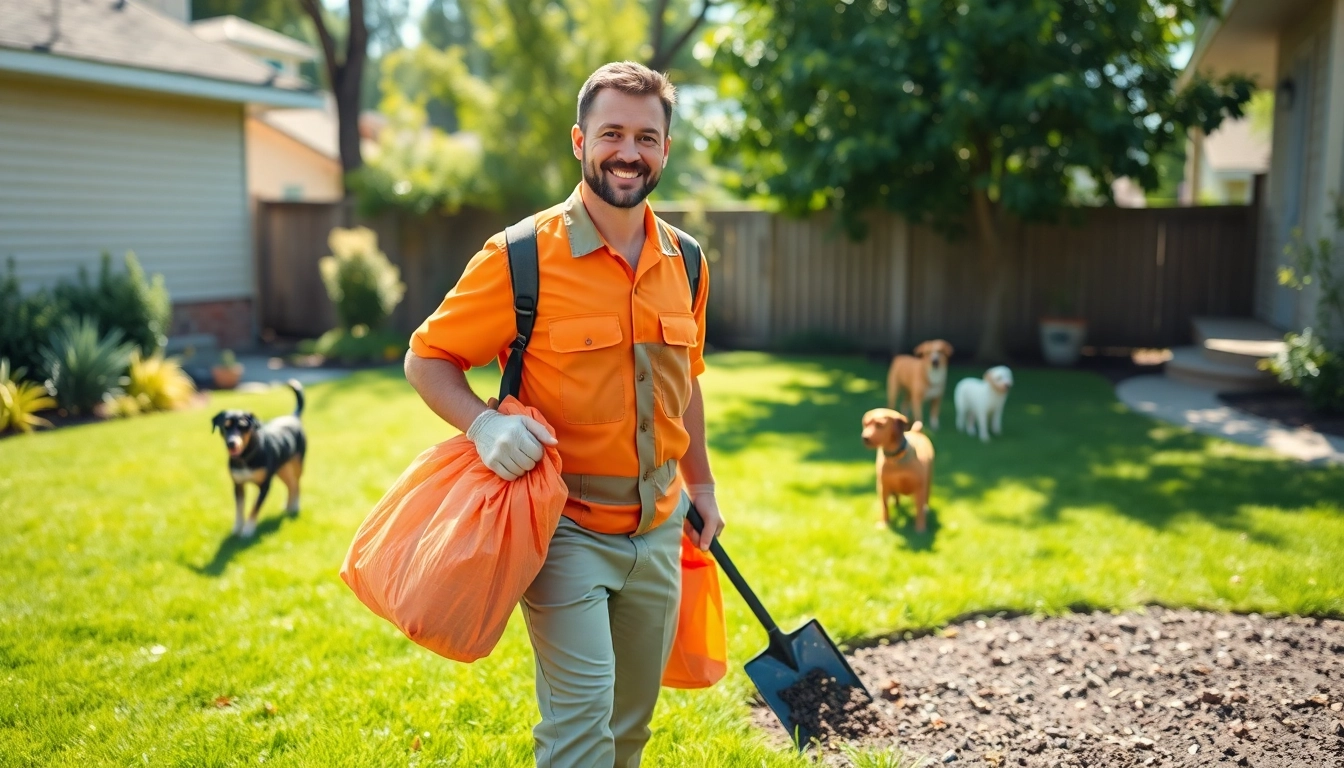 Dog clean up service technician happily scooping pet waste in a sunny backyard.