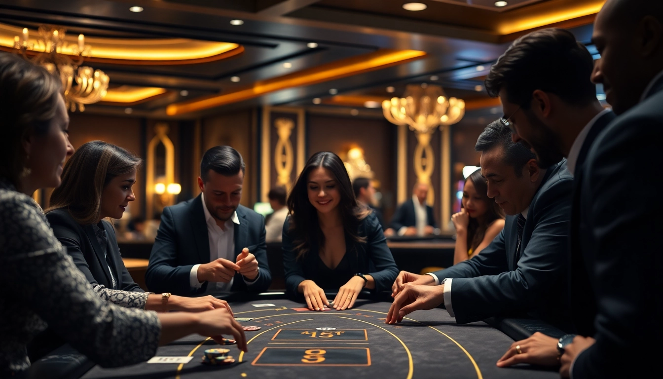 Engage in a thrilling live casino experience with players and live dealers at a glamorous table.