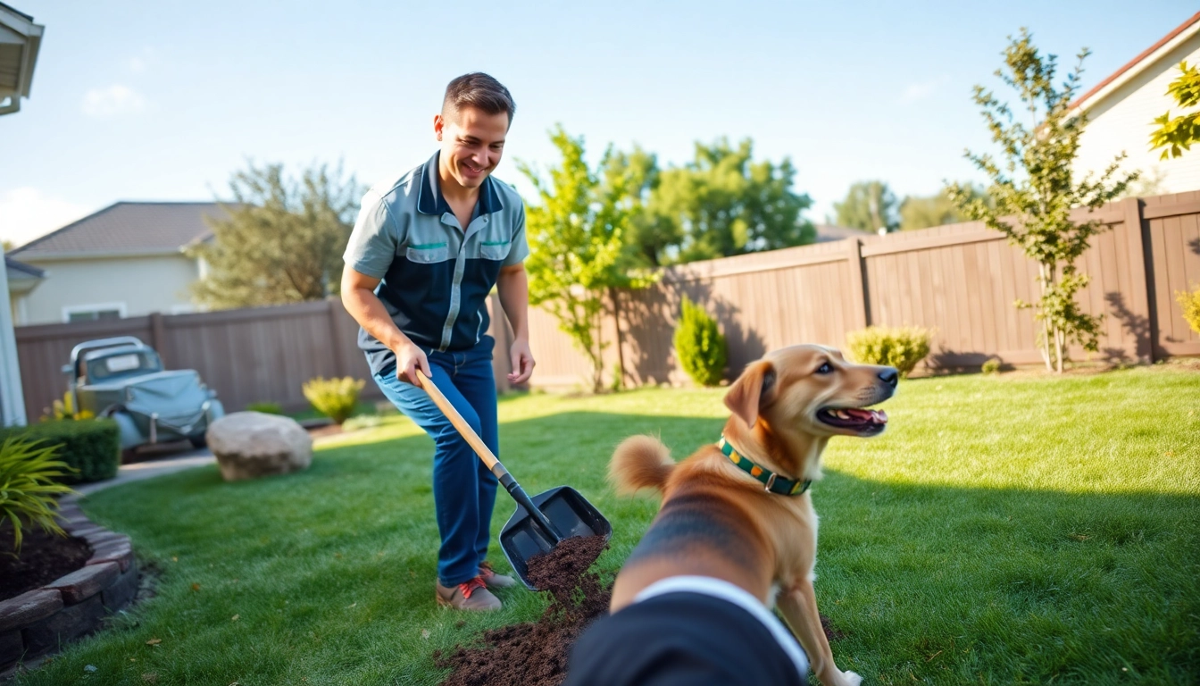 Dog poop cleanup service in action with a technician bustling through a clean backyard.