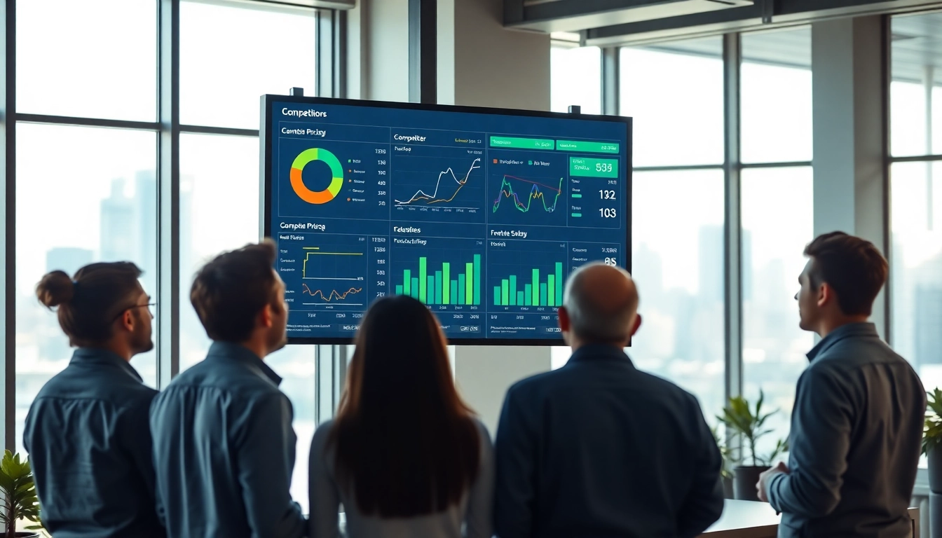 Engage in competitor pricing analysis with a professional team evaluating market data on a digital dashboard.